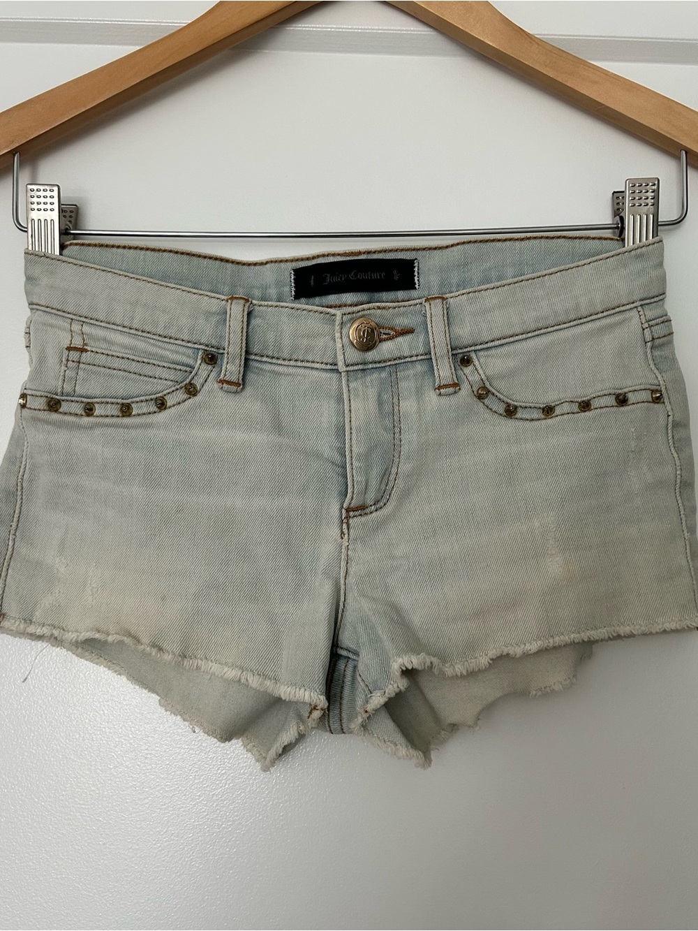 Juicy Couture Pale Blue Frayed Denim Cutoff Shorts with Studs